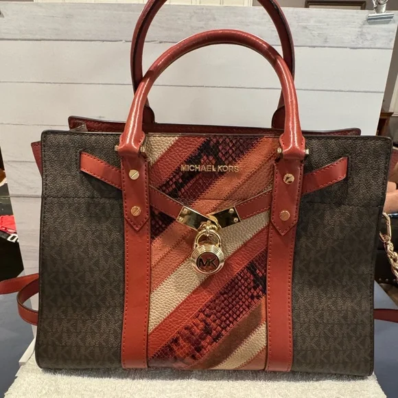 Michael Kors Nouveau Hamilton Large Logo Metallic Stripe Satchel & Dust Bag - Picture 2 of 16